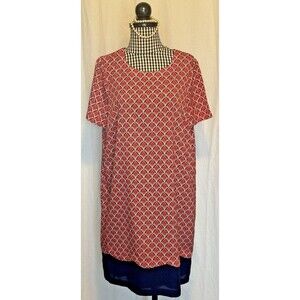 The Limited Red & Navy Geo Print Shift Dress Size Large Women's Lined Navy Trim